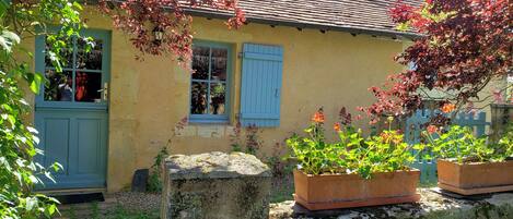 A yellow building with blue shutters, a stone wall, and potted plants.