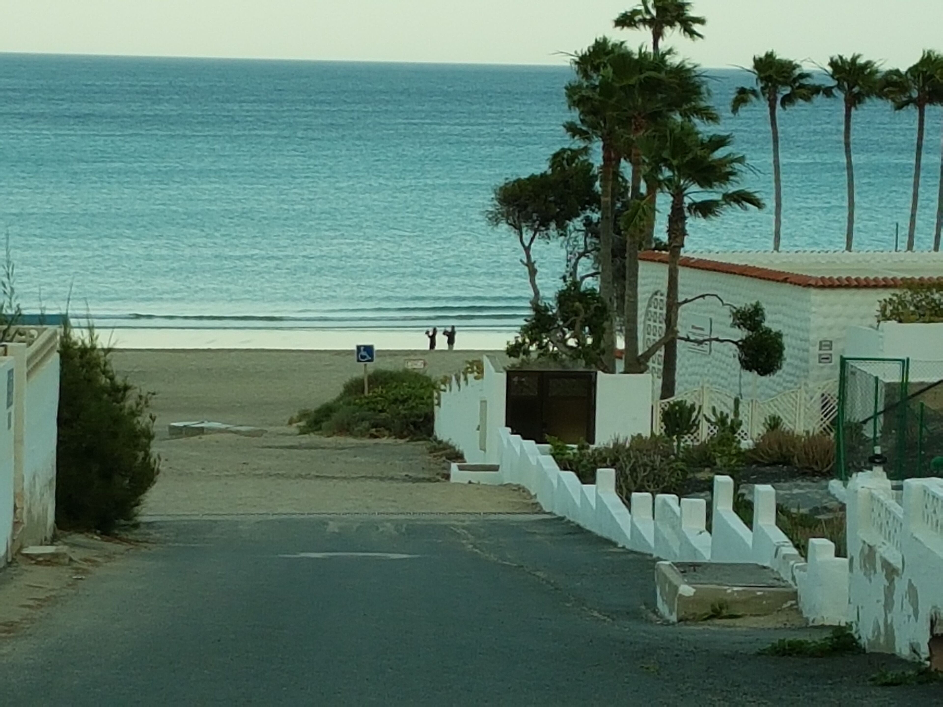 Une route côtière menant à une plage bordée de palmiers et délimitée par une clôture blanche.