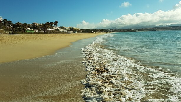 Une plage avec une eau cristalline, un rivage sablonneux et des bâtiments en arrière-plan.