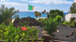 Un jardin avec un drapeau, des cactus et une vue sur l’océan.