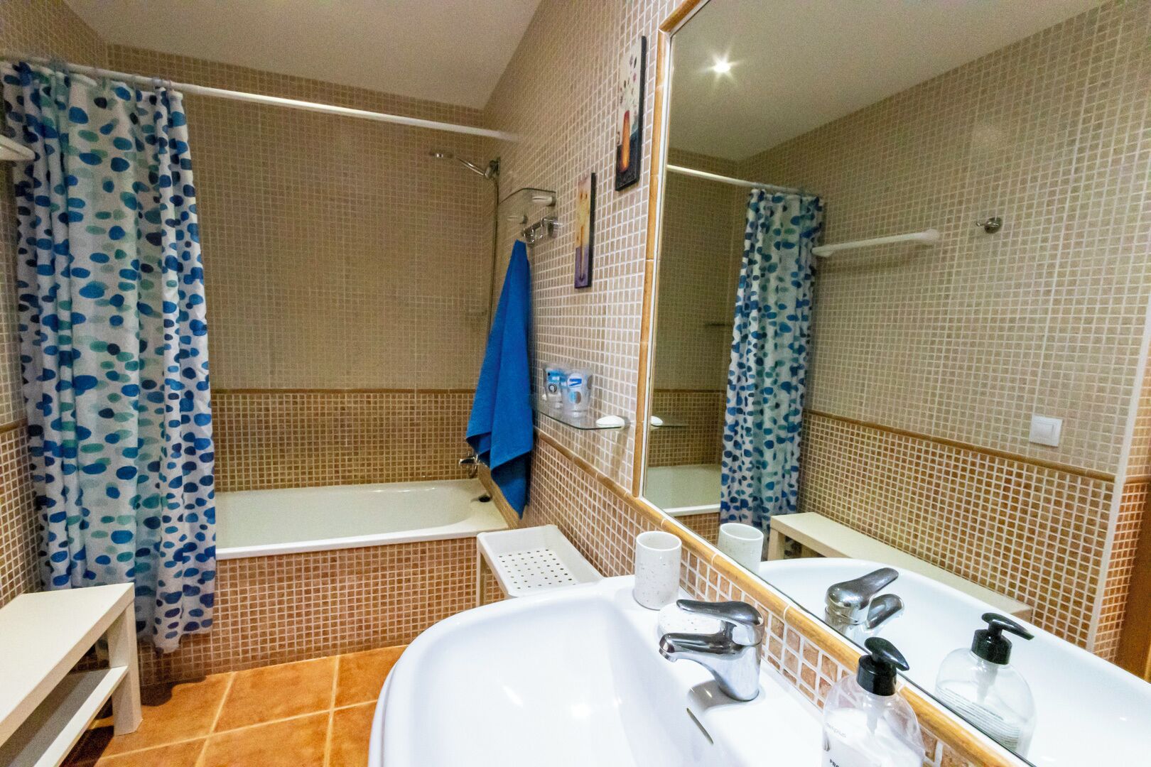 Une salle de bain avec une baignoire, un lavabo avec un miroir et un espace douche séparé par un rideau.