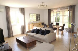 Smart TV, fireplace, DVD player, books