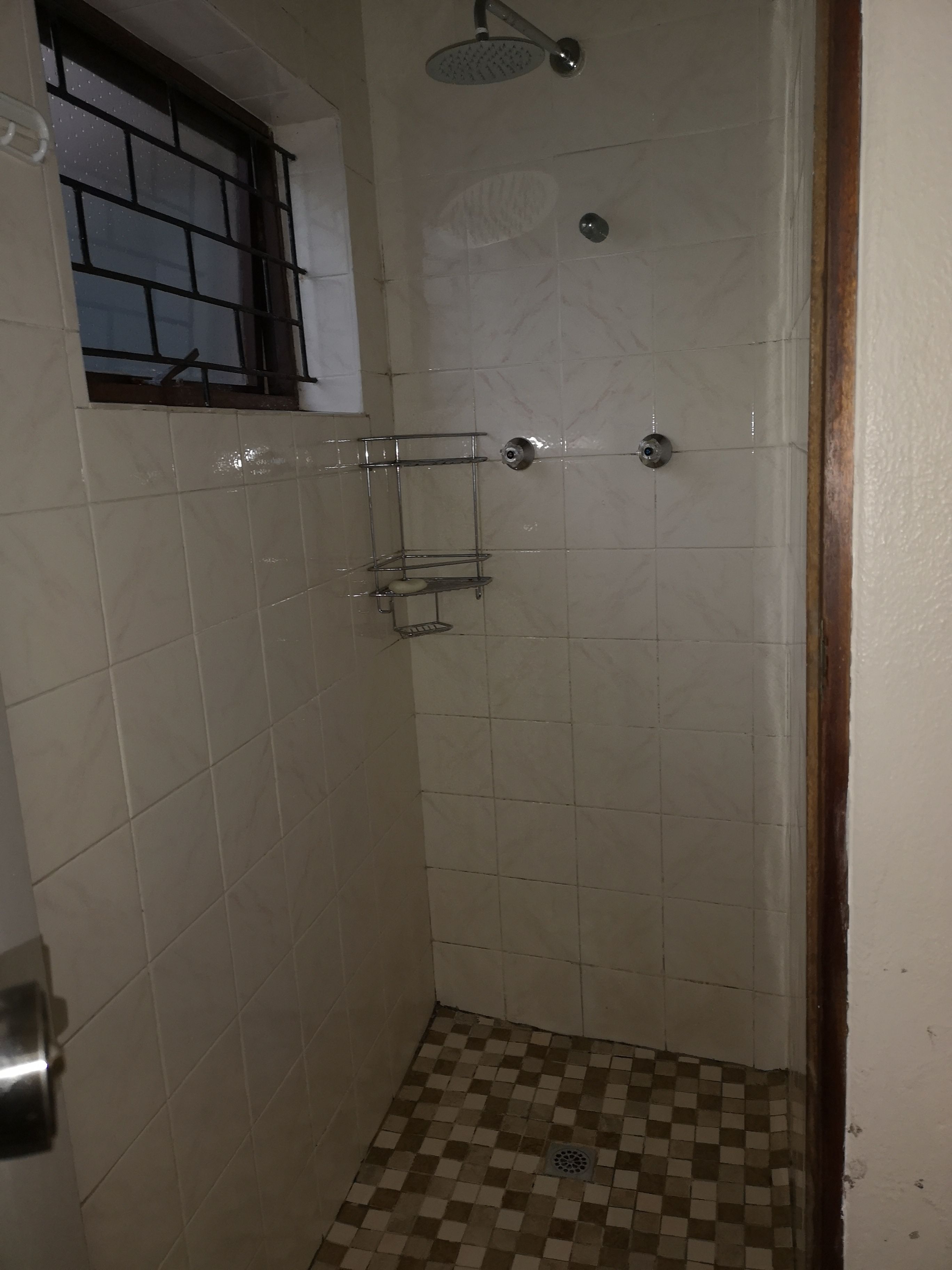A small, tiled shower room with a window and a showerhead.