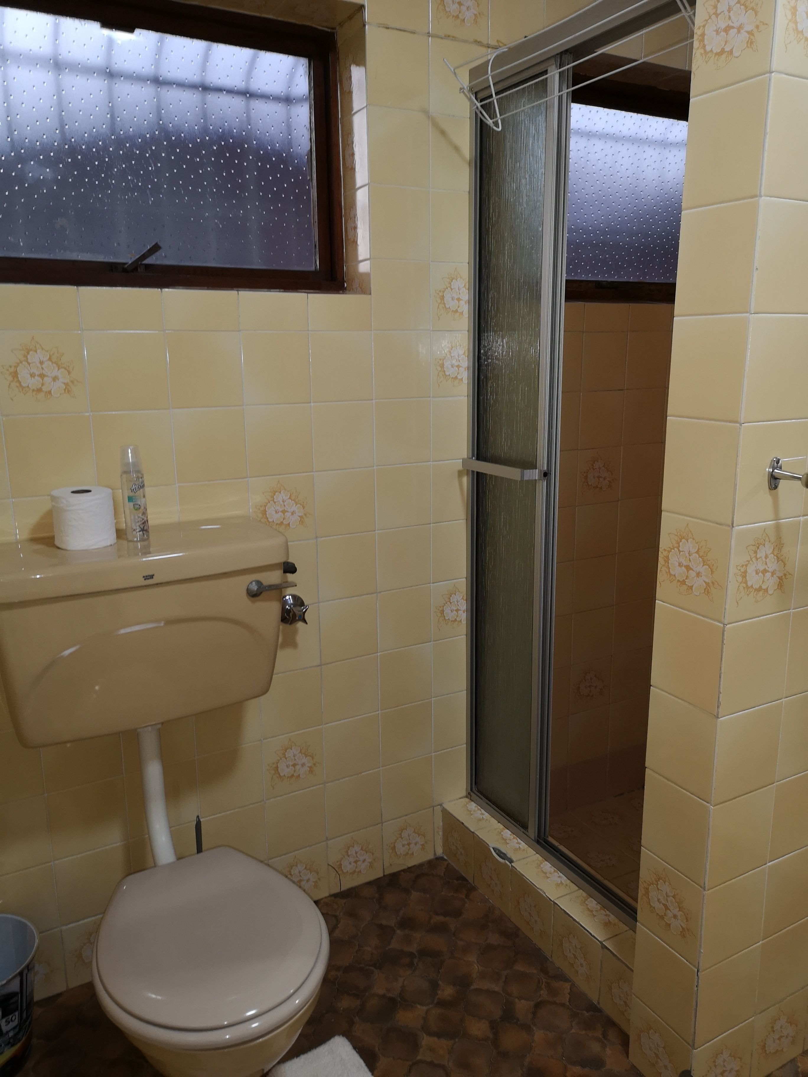Un baño con inodoro, lavamanos y ducha.