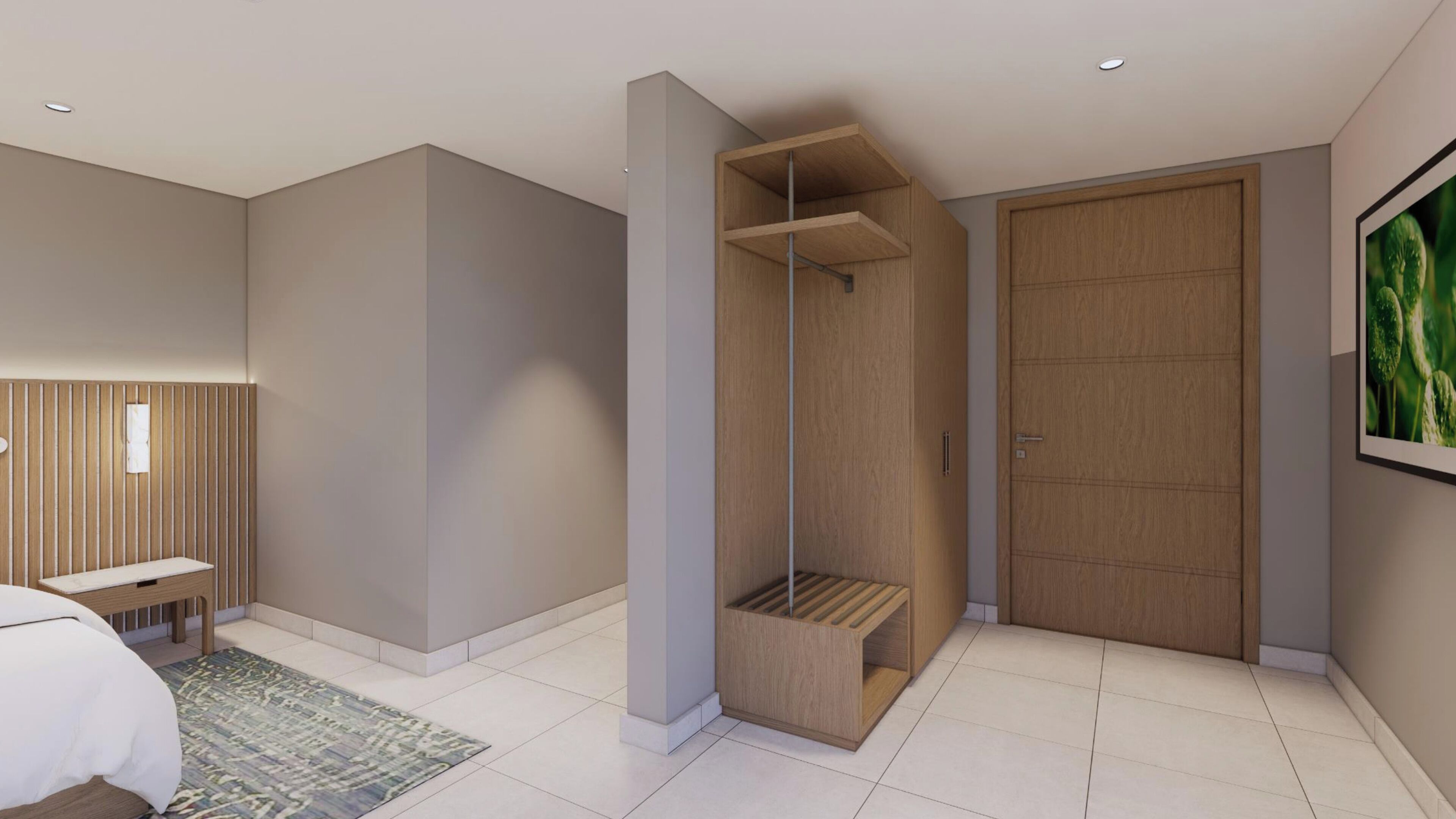 Un dormitorio moderno con cama, armario empotrado y una puerta grande de madera.