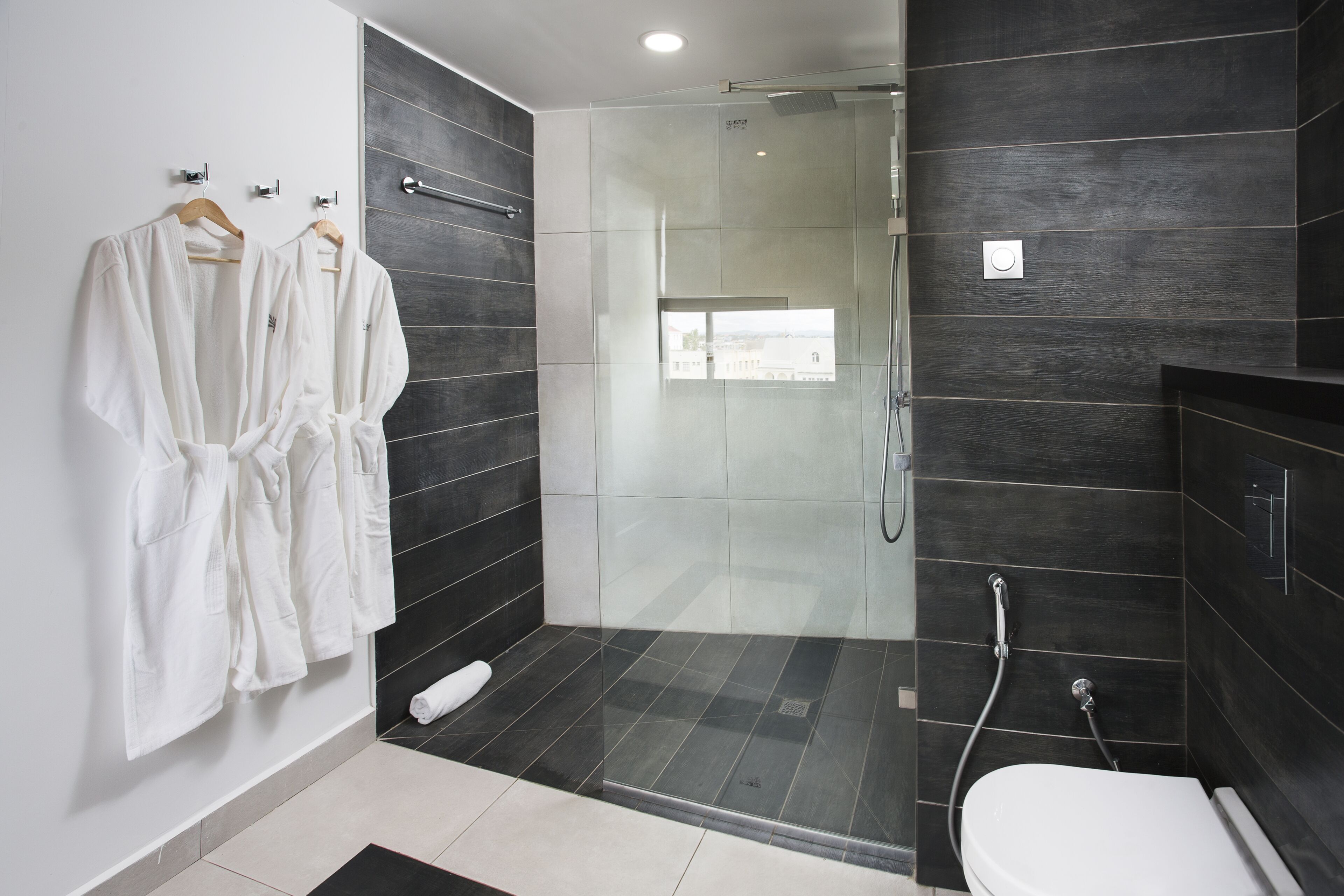 A modern bathroom with a glass-enclosed shower, a toilet, and two white robes hanging on a rack.