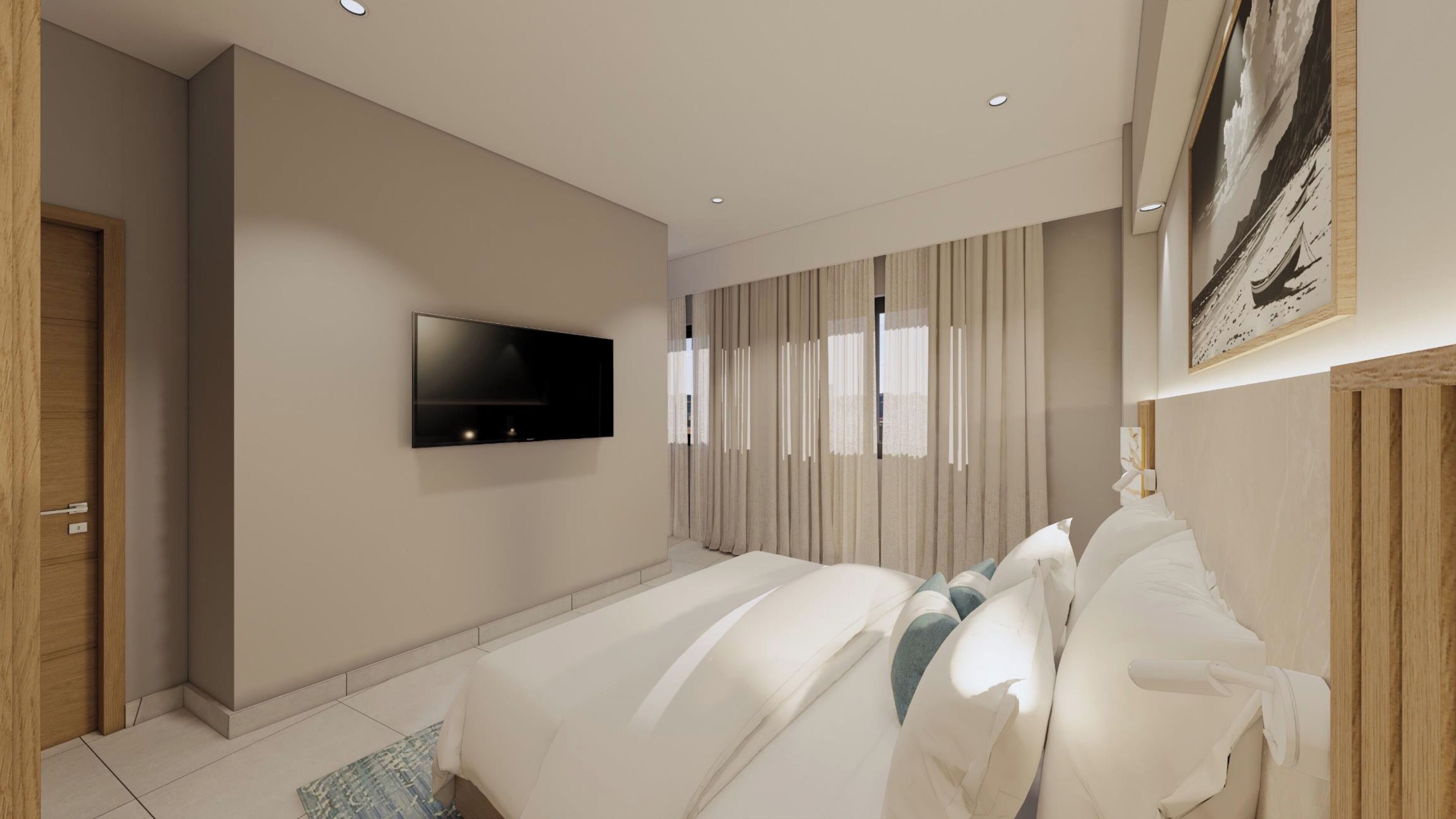 A modern bedroom with a flat-screen TV mounted on the wall, a large bed with white bedding, a wooden door, and a window with sheer curtains.