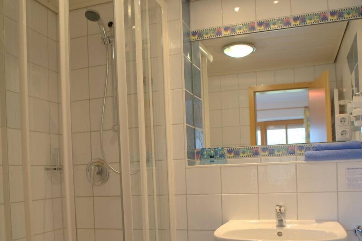 A bathroom with a glass-enclosed shower, a sink, and a mirror above it.