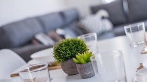 A modern living room with a grey sofa, a small potted plant, and a glass table with a clear glass. - Mirotza Rooms (Orio)