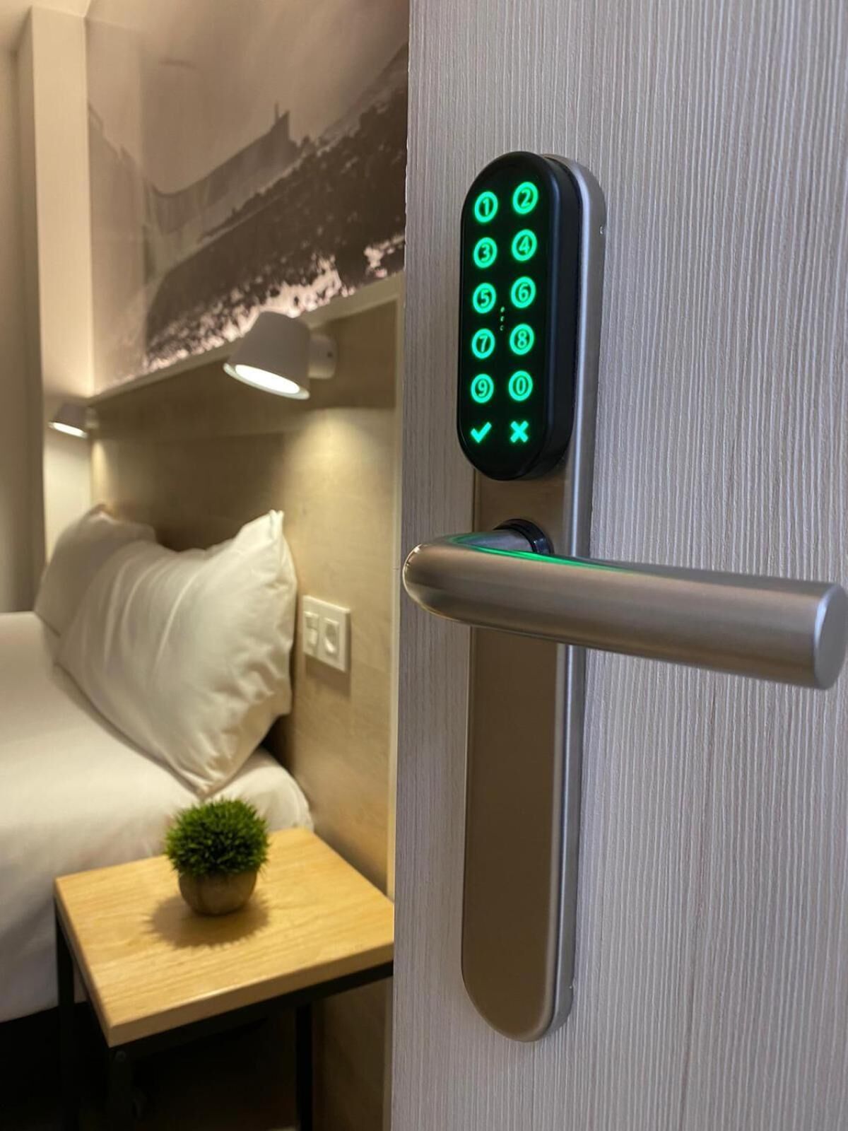 Una habitación de hotel moderna con cerradura electrónica, una cama, una mesita con una planta y una lámpara fijada a la pared.