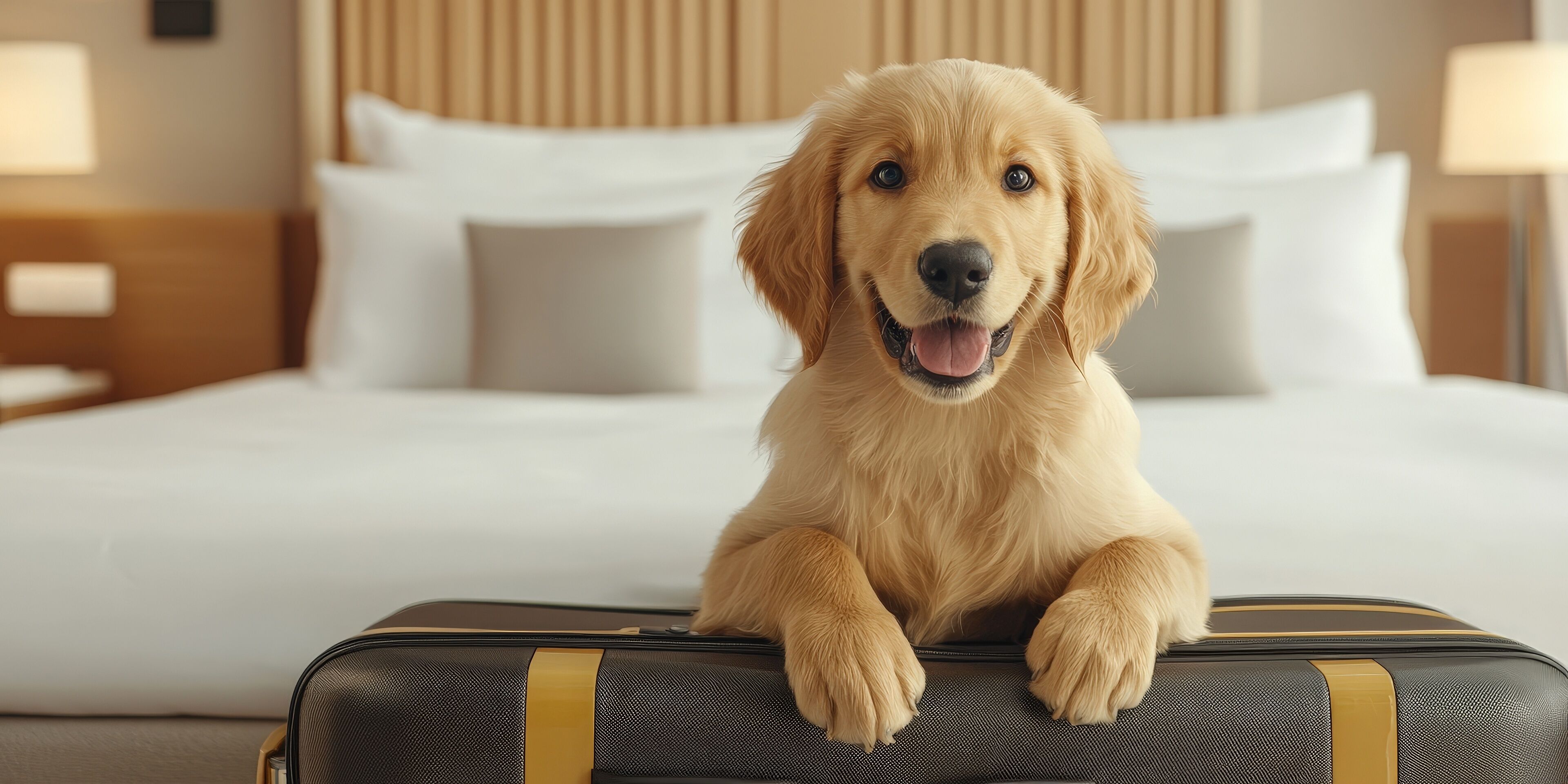 A golden retriever sitting on a suitcase in a hotel room with a bed and nightstands.