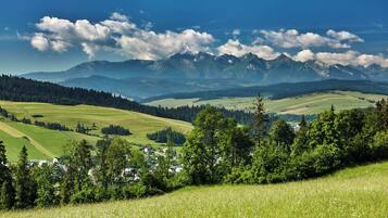 A mountainous landscape with a village nestled in the valley.