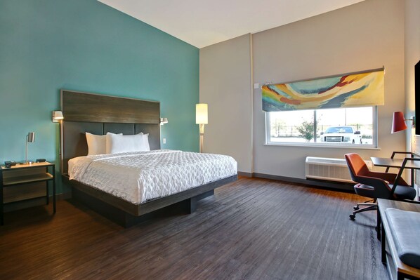 Desk, laptop workspace, blackout curtains, iron/ironing board