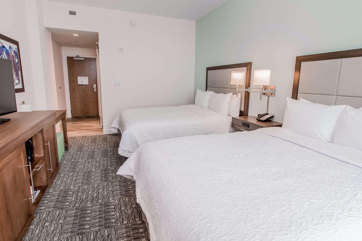 Habitación de hotel con dos camas, un escritorio, un televisor y piso alfombrado.