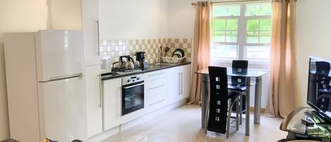 Full-sized fridge, microwave, oven, stovetop