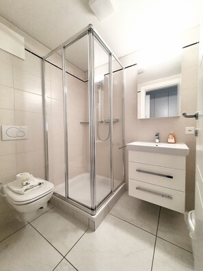 Hair dryer, towels, soap, toilet paper