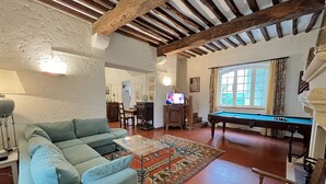 Una sala de estar acogedora con un sofá, una mesa de billar y un televisor.