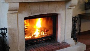 Una chimenea de piedra con fuego encendido en su interior.