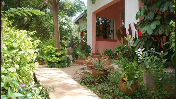 A garden pathway leading to a building with a pink facade, surrounded by lush greenery and various plants. - Ose Cottages (Kisumu)