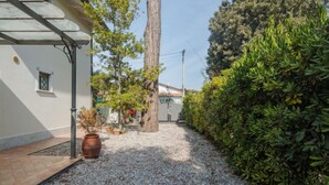A pathway leading to a building with a white exterior, surrounded by gravel, a tree, and dense green shrubbery. - Michelangelo I by Interhome (Marina Pietrasanta)
