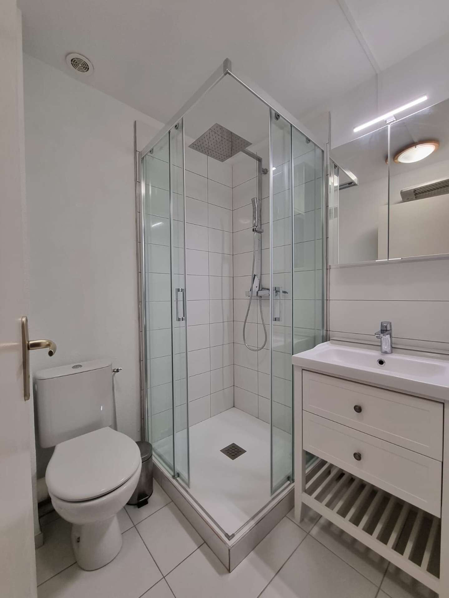 A modern bathroom with a glass-enclosed shower, a toilet, and a vanity with a sink and mirror.