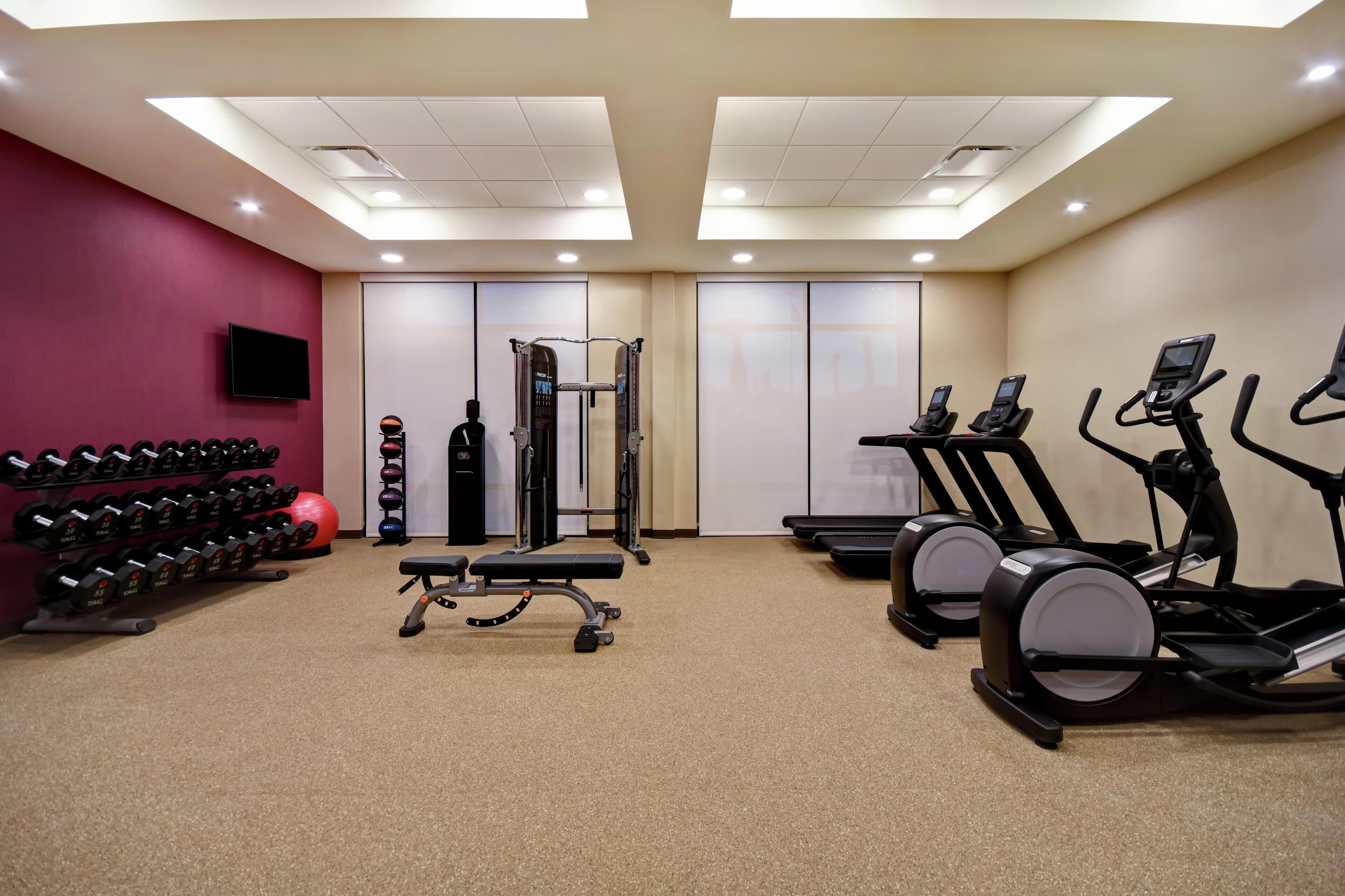 A gym with treadmills, dumbbells, and weight machines.