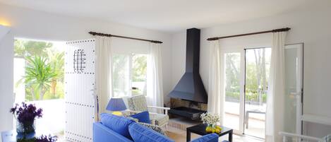 Ein Wohnzimmer mit einem blauen Sofa, einem schwarzen Kamin und Blick ins Freie.