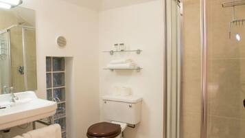 A bathroom with a toilet, sink, and shower.