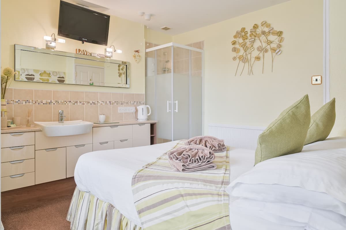 A hotel room with a bed, a bathroom with a sink, a shower, and a television mounted above the mirror.