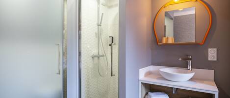 Une salle de bain moderne avec une douche à parois de verre, un lavabo blanc en forme de cuvette et un miroir avec un cadre en bois.