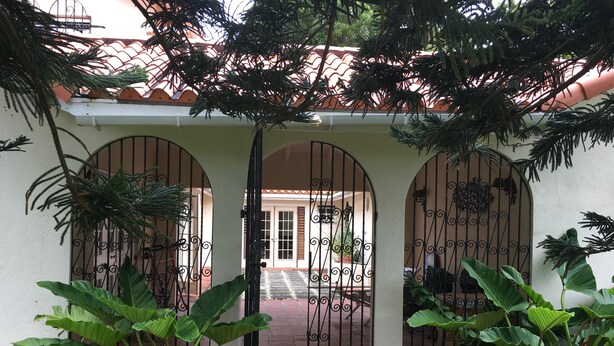 Una entrada con portón y un patio empinado, rodeado de grandes plantas verdes.