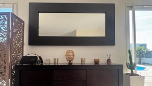 Un salon moderne avec un meuble en bois foncé, un grand miroir et un cactus en pot.