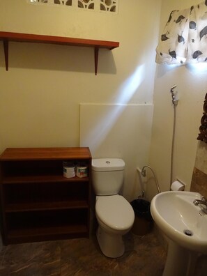 Un baño con inodoro, lavamanos y ducha. Hay una repisa con artículos de aseo y un perchero sobre el inodoro.