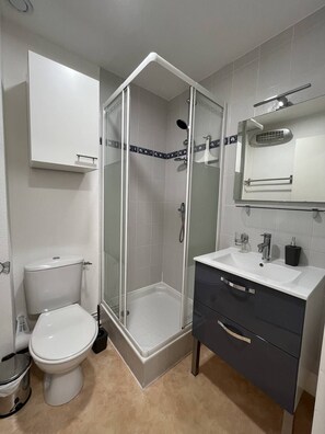 A bathroom with a glass-enclosed shower, a white toilet, a sink with a mirror above it, and a cabinet above the sink.