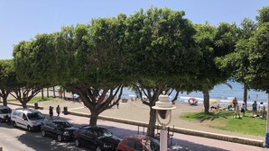 Een straat met geparkeerde auto's, bomen en een strand op de achtergrond.
