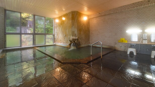 A spacious indoor pool area with a wooden wall and a small waterfall feature. - Shinseikan (Nishiwaga)