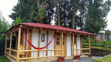 Escape to a serene cabin surrounded by nature, featuring a cozy porch with a hammock and lush greenery.