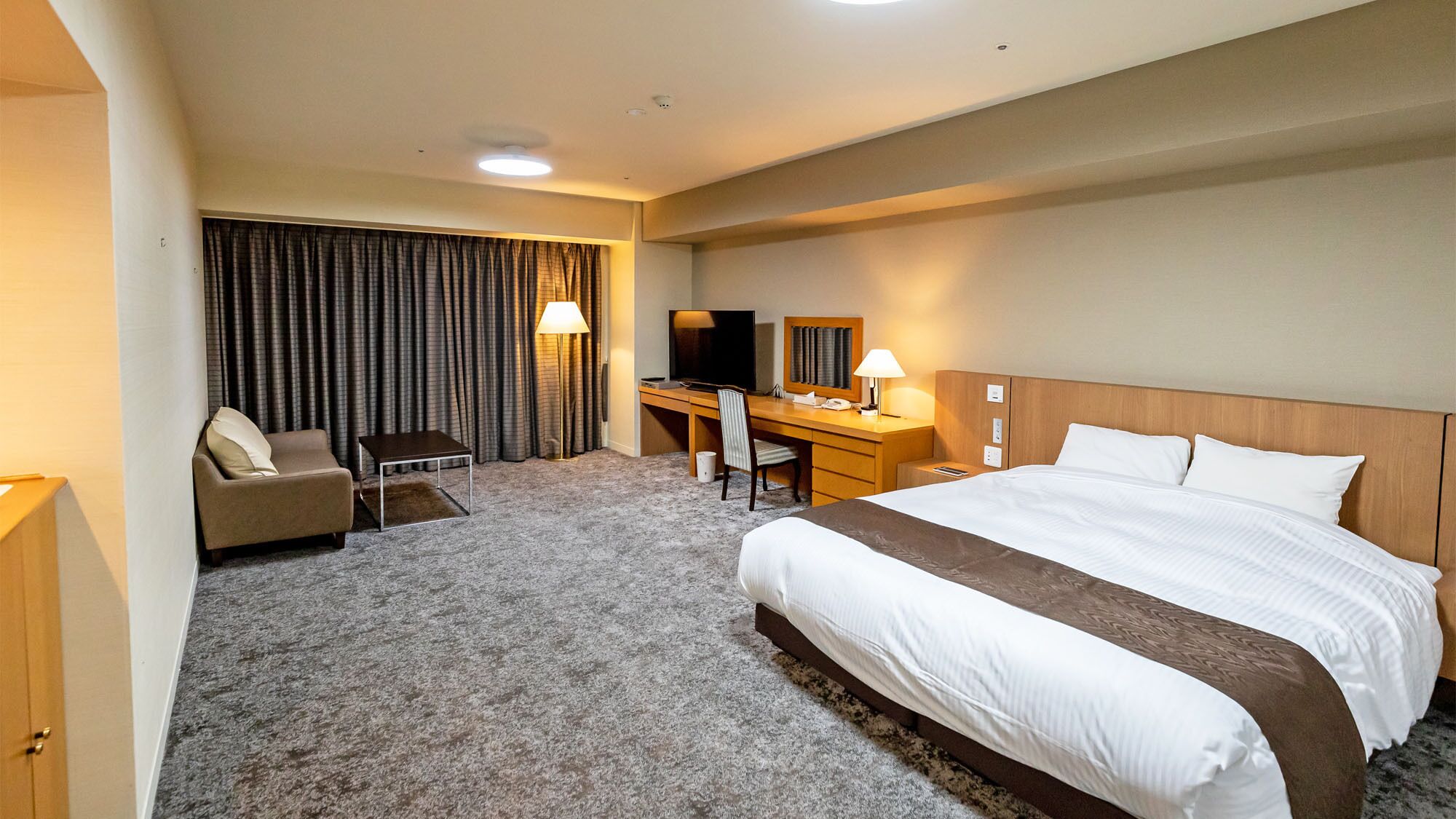 A hotel room with a bed, a desk, a chair, a TV, and a sofa.