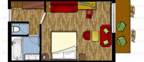 A bedroom with a bed, bedside table, and a small window.