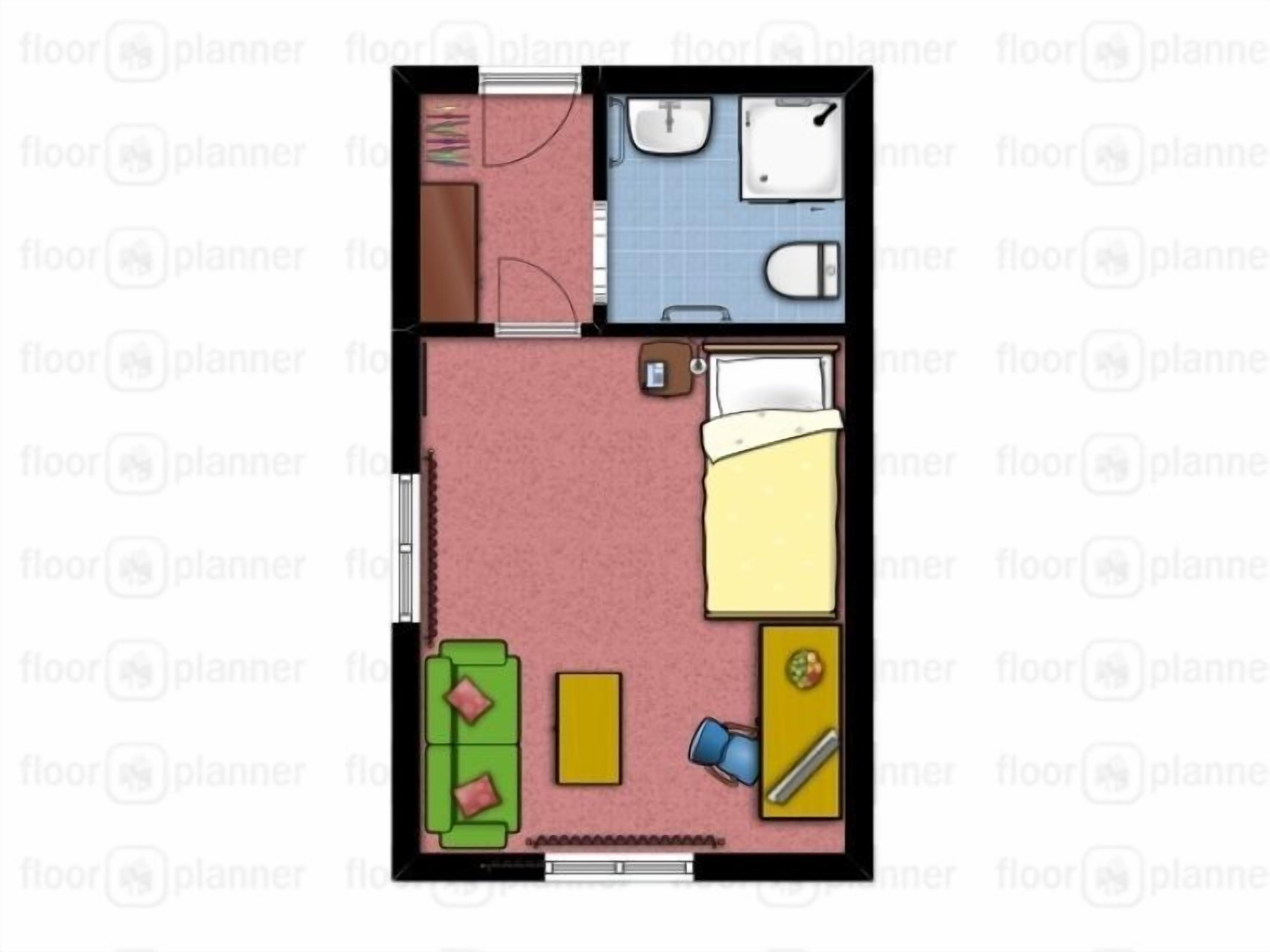Disposizione di un appartamento con due locali: bagno, cucina, soggiorno e camera da letto.