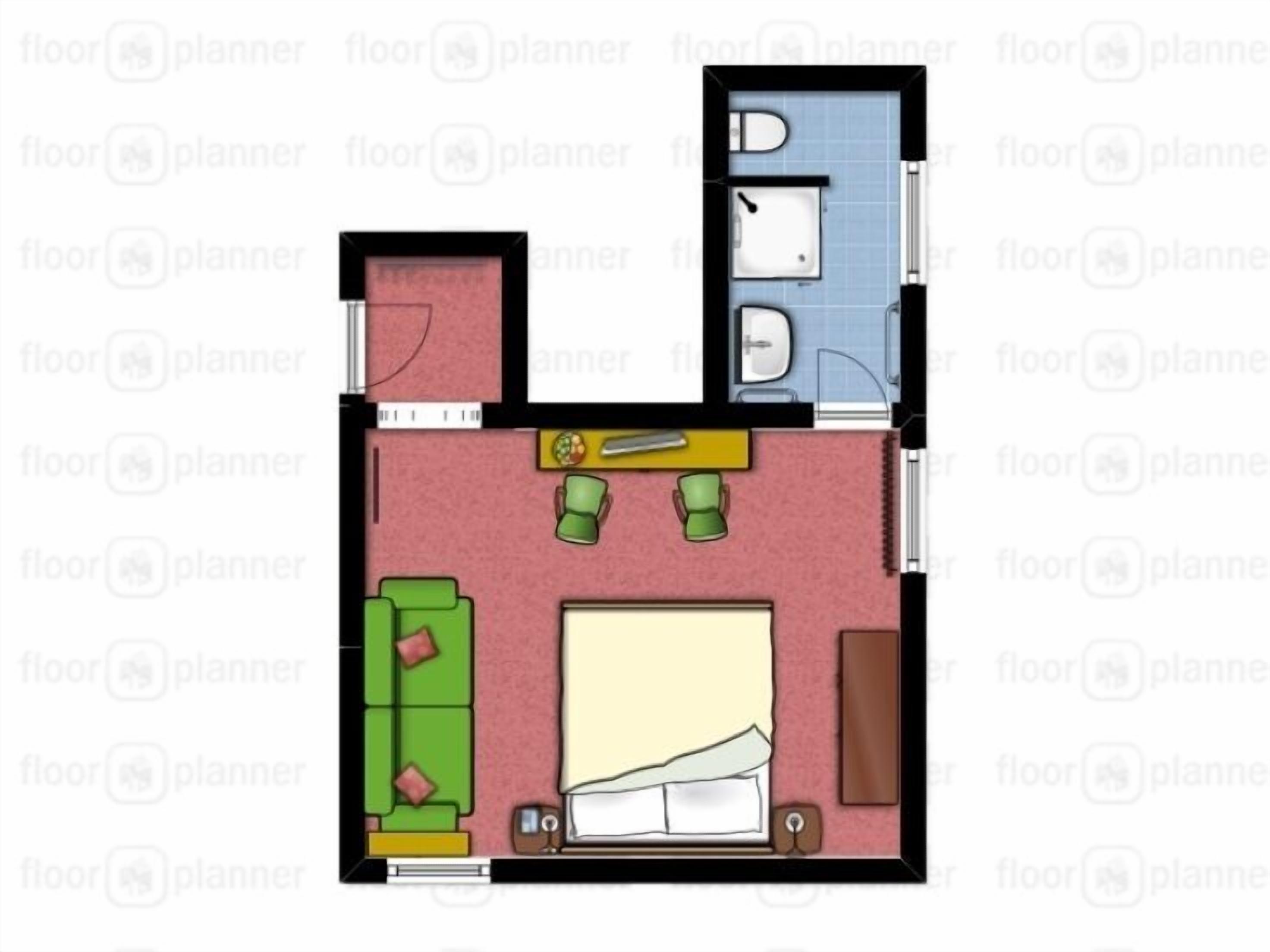A 2-bedroom apartment layout with a living room, a dining area, a kitchen, and a bathroom.