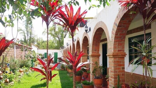 A courtyard with a brick building, green lawn, and various potted plants. - Hospederia Marques Casa Ramos (Villa de Leyva)