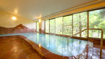An indoor swimming pool with a stone-tiled floor, large windows with a view of trees, and a mountain backdrop.