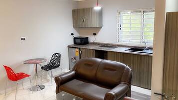 A compact living space with a kitchenette, a brown leather sofa, a glass coffee table, a red chair, and a small dining table.