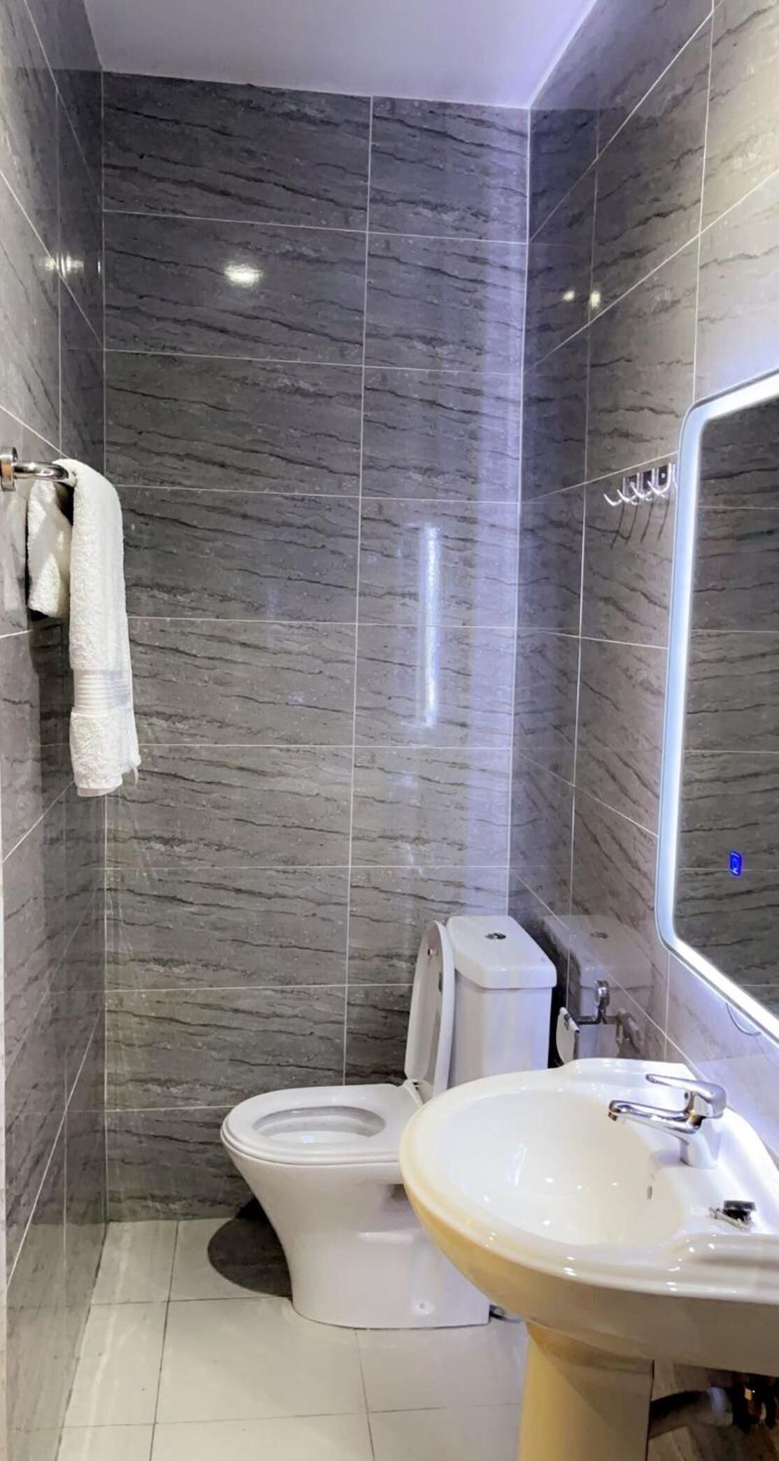 Ein modernes Badezimmer mit Toilette, Waschbecken und Handtuchhalter.