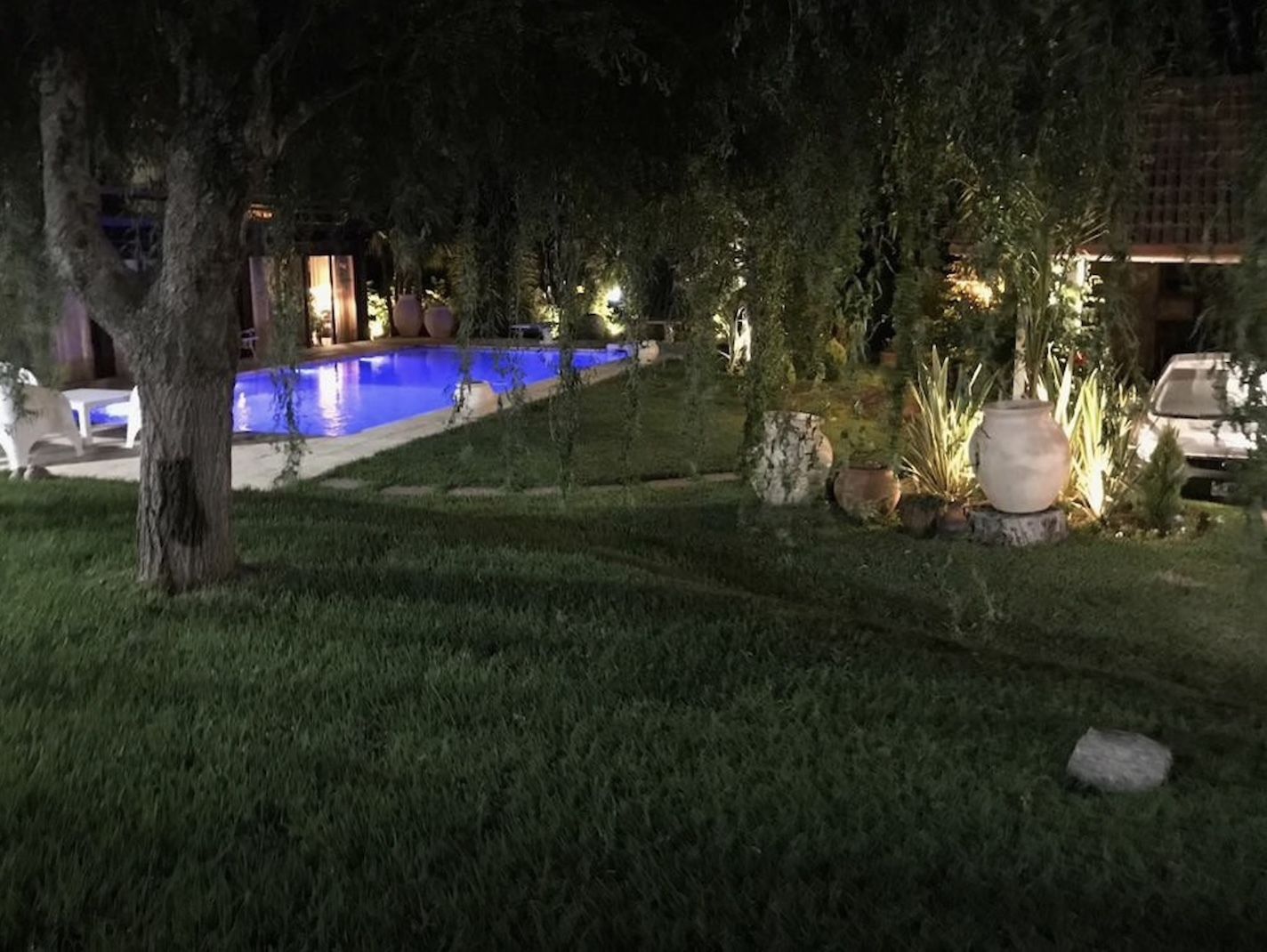 Vista nocturna de una piscina rodeada de árboles y plantas en macetas.