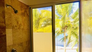 Un baño con ducha, una ventana con vistas a palmeras y un muro con azulejos.