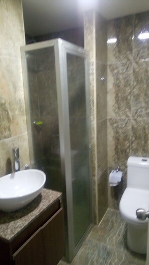 Bathroom features a sink, mirror, shower, and toilet.