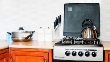 Fridge, oven, electric kettle, toaster