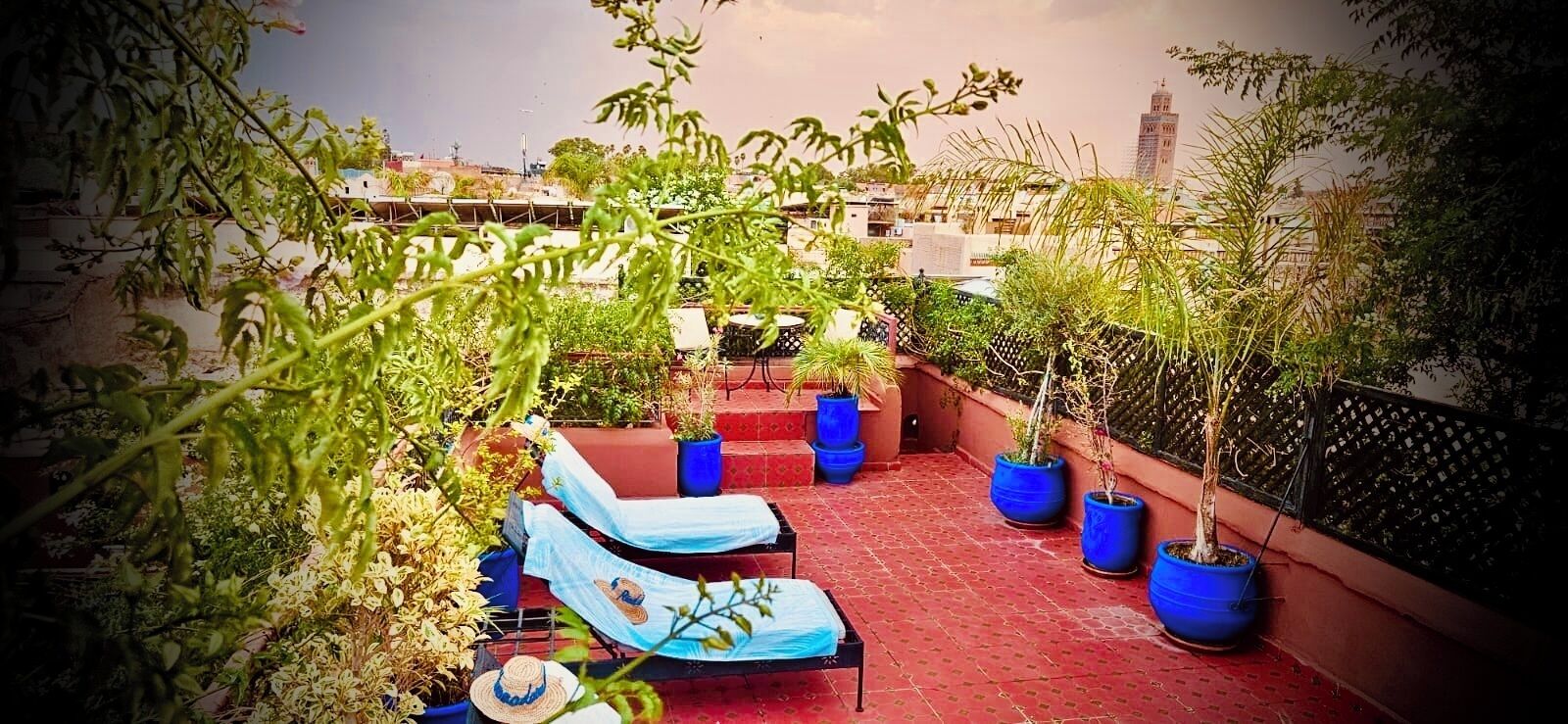 A rooftop terrace with sun loungers, potted plants, and a view of a cityscape.